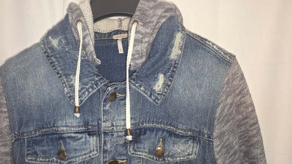 Free People Large Moon Dust Distressed Denim Jacket, Knit Hoodie and Sleeves - Picture 2 of 5